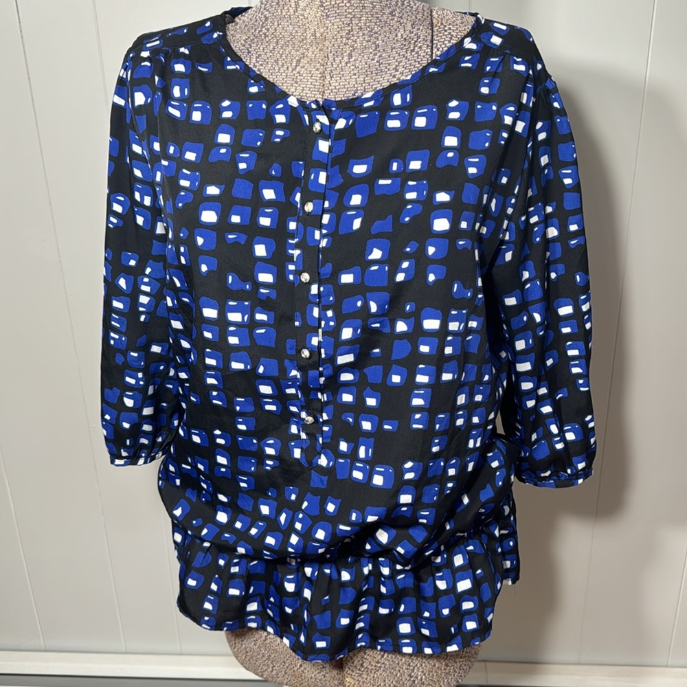 New York & Company Womens Large Blue Black White Blouse Mid Length Sleeve